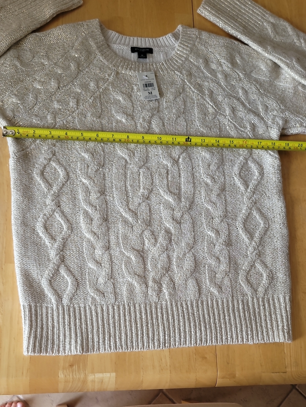 Ann Taylor LOFT Metallic Gold Wool Blend Cable Knit Crewneck Sweater - Picture 8 of 13